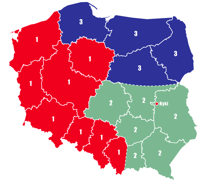 Mapa przedstawicieli handlowych SM Ryki - Region Północ, Region Południe